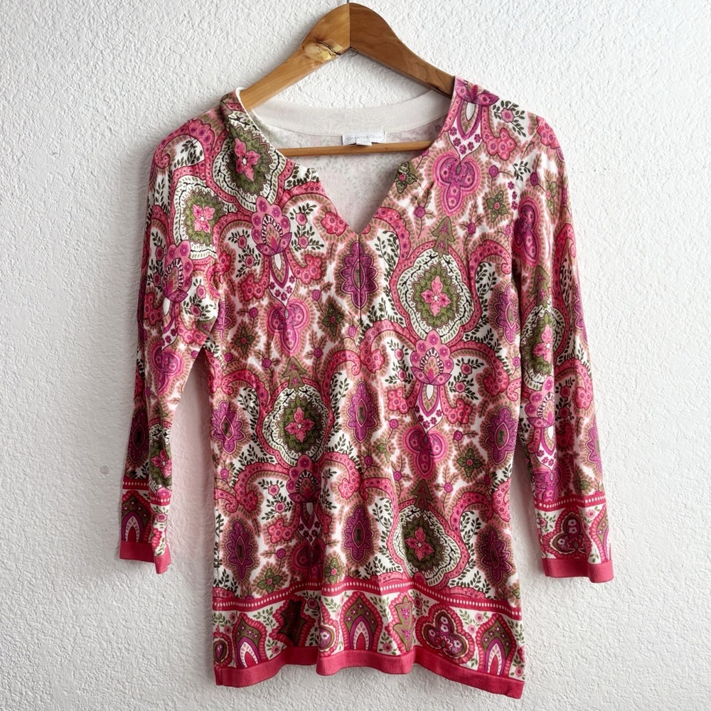 Charter Club Pink Paisley V-Neck Long Sleeve Top Small Boho